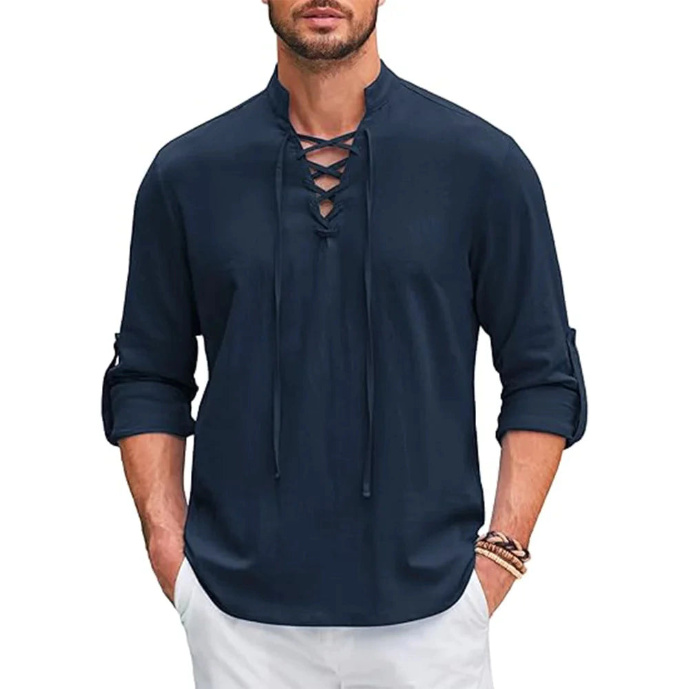 Camisa manga longa com amarração, 100% linho